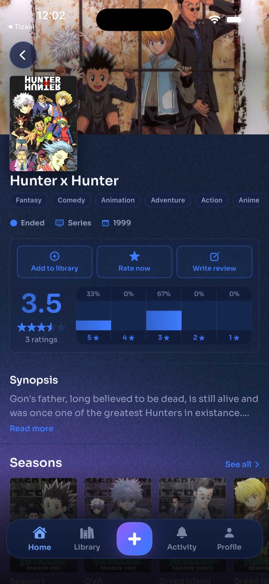 Tizani anime detail screen with rating and review actions