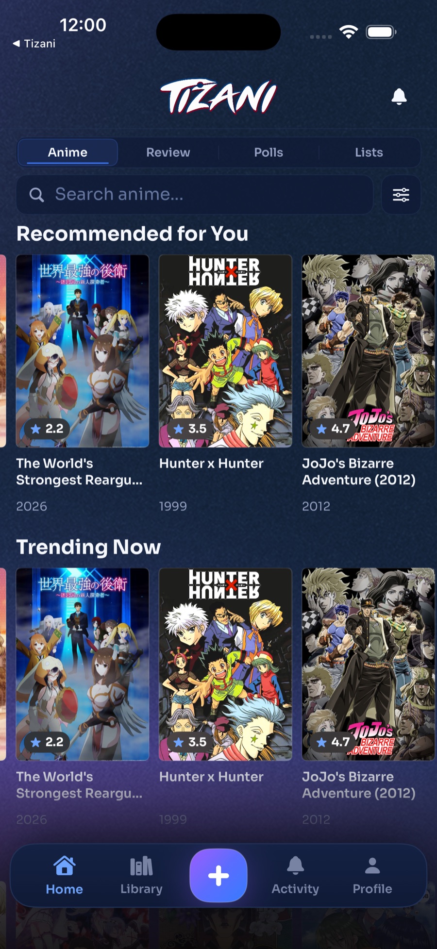 Tizani home screen with anime recommendations