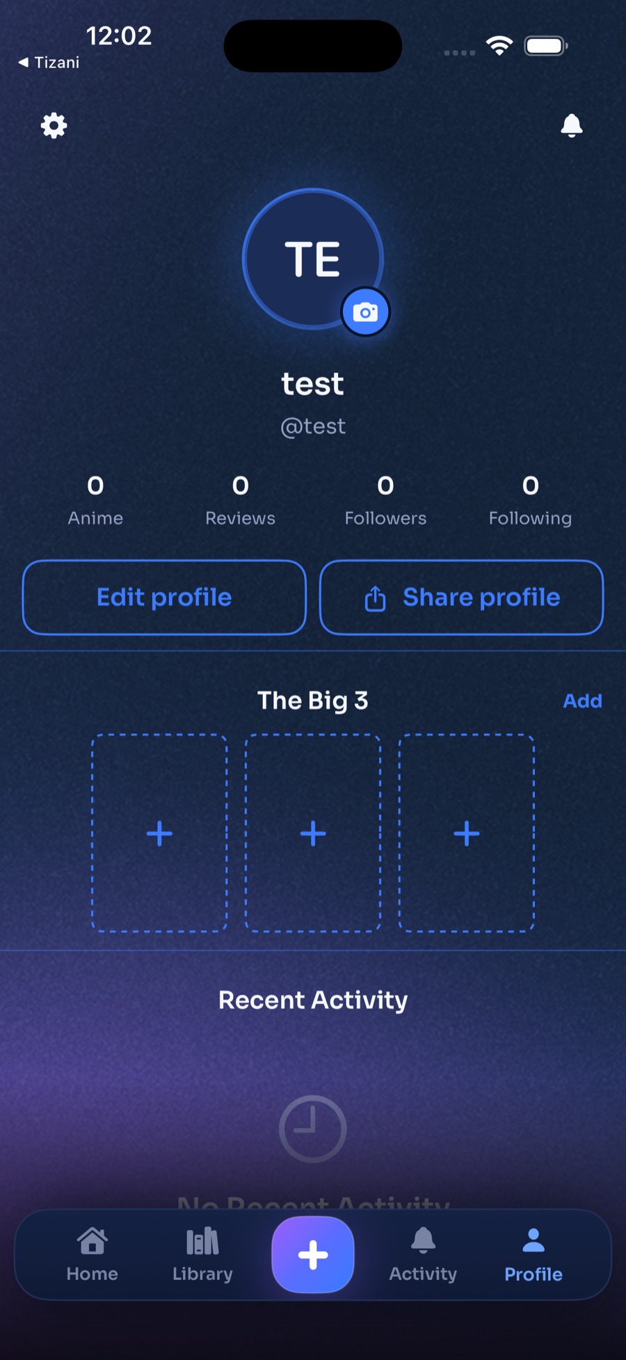 Tizani profile screen with anime stats and activity